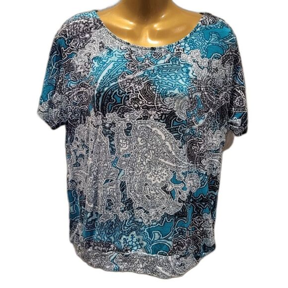 Chico's Size 1 / Medium Multi-Color Paisley Blouse Raglan Sleeves Banded Waist - Picture 2 of 13